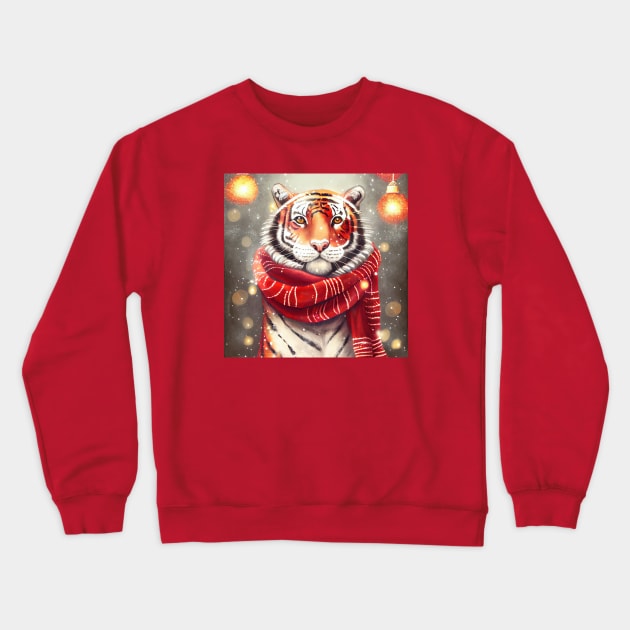 Tiger wearing a scarf for the holidays Crewneck Sweatshirt by etherElric